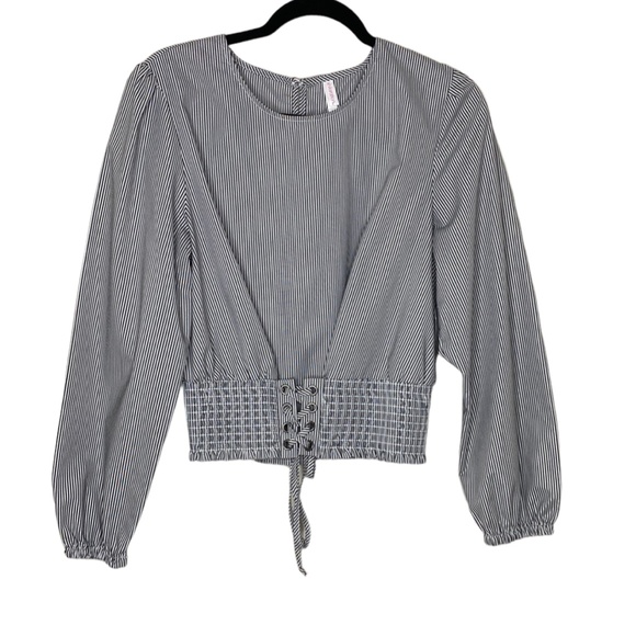 Xhilaration Gray Striped Silver Metallic Lace Up Elastic Waist Puff Sleeve Sz L - Picture 1 of 12